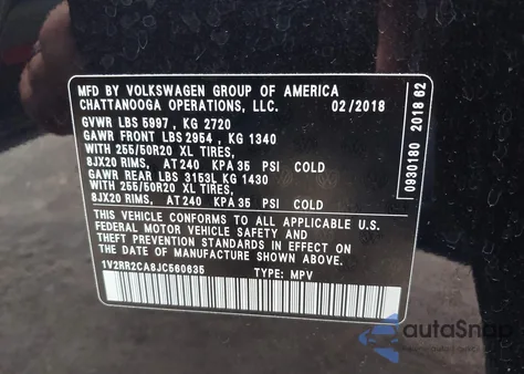 2018 Volkswagen Atlas 3.6L V6 Sel from USA, damaged, VIN 1V2RR2CA8JC560635